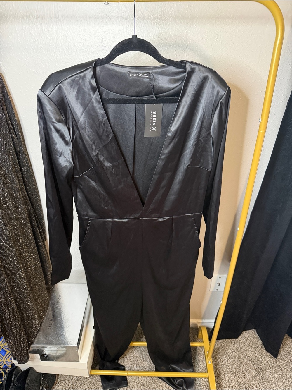 SHEIN Black Satin Plunge Neck Jumpsuit